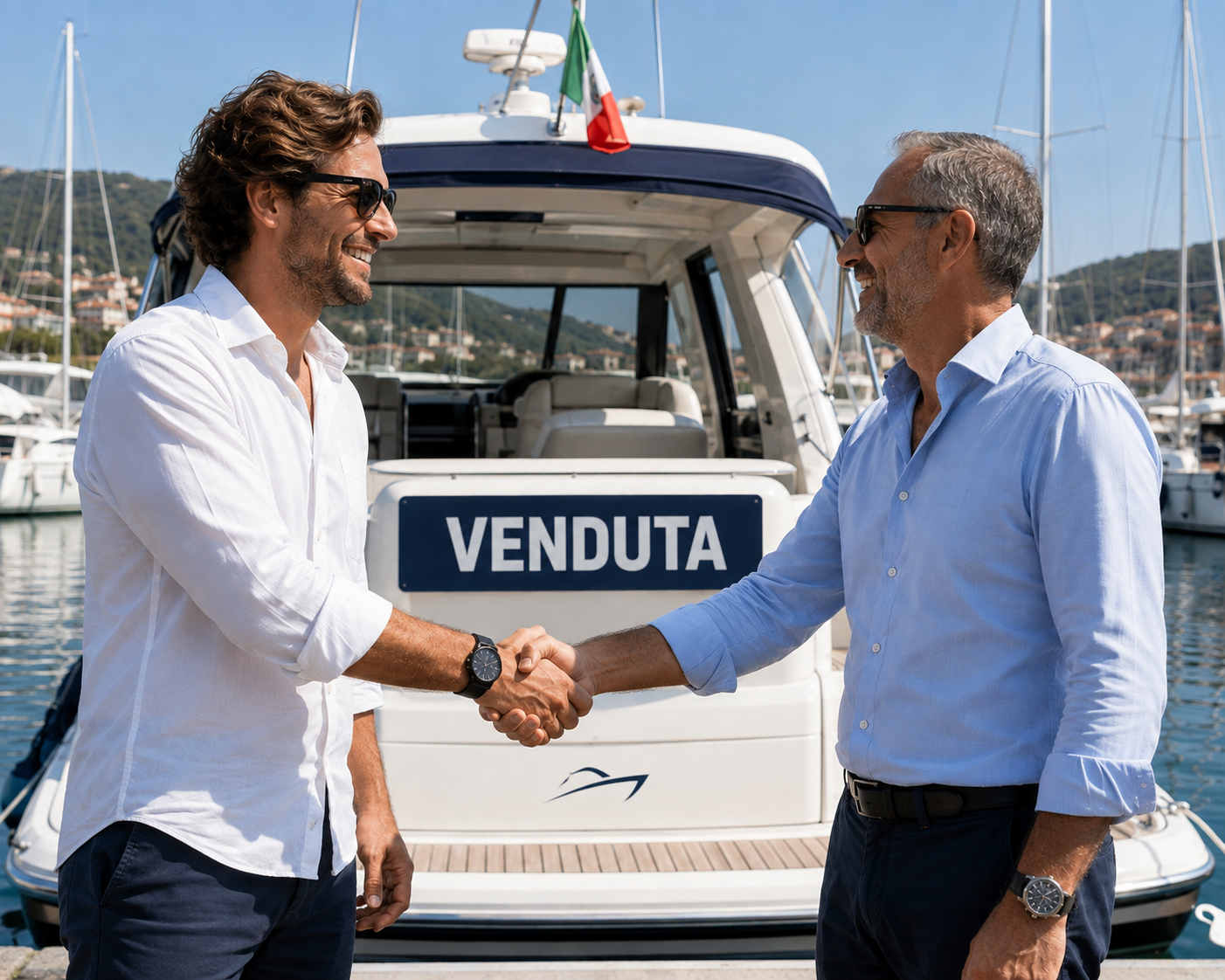 Handover of a sold yacht, handshake between the parties